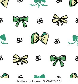 Seamless pattern with ribbon, bow. coquette, pattern background, print, pattern, greeting card, wrapping paper, fashion, fabric, textile, wallpaper, cover. Childish naive doodle vector art