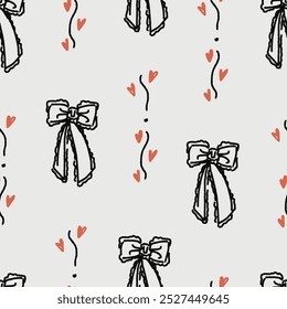 Seamless pattern with ribbon, bow. coquette, pattern background, print, pattern, greeting card, wrapping paper, fashion, fabric, textile, wallpaper, cover. Childish naive doodle vector art