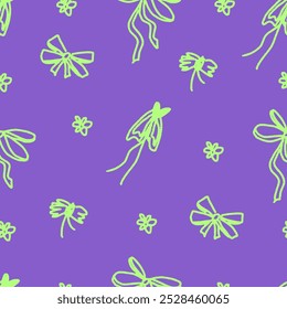 Seamless pattern with ribbon, bow. coquette, pattern background, print, pattern, greeting card, wrapping paper, fashion, fabric, textile, wallpaper, cover. Childish naive doodle vector art