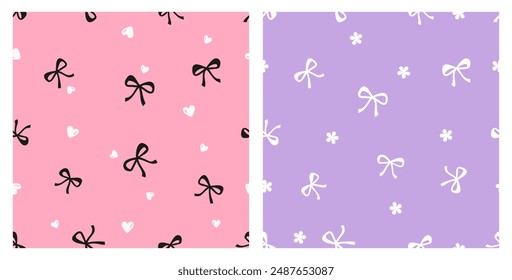 Patrón sin costuras con lazo de cinta, flores lindas y corazones dibujados a mano en Vector de fondos rosa y púrpura.