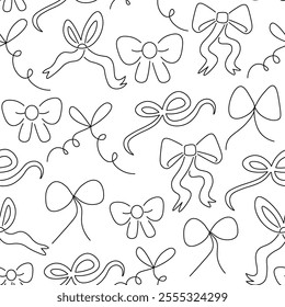 Seamless pattern with ribbon bow in doodle style in vector. Element for decoration postcards poster print background backdrop wrapping wallpaper banner