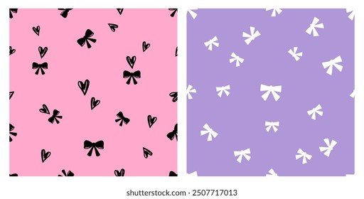 Seamless pattern with ribbon bow and hand drawn hearts on pink background. Seamless pattern with white ribbon bow on purple background vector.