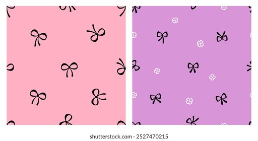 Seamless pattern with ribbon bow and small flower on pink and purple backgrounds vector.