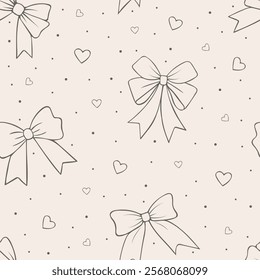 Seamless pattern with ribbon bows. Background with cute holiday decorative elements, different bow knots, gift bows. Illustration for textile, wrapping paper, scrapbook, linen, nursery