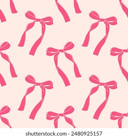 Seamless pattern with ribbon bows. Ballet, coquette core print. Hand drawn pink girly background for fabric, wrapping paper, textile