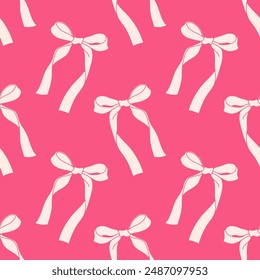 Seamless pattern ribbon bows. Ballet coquette core print. Pink girly background 