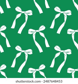 Seamless pattern with ribbon bows. Ballet, coquette core print. Hand drawn green girly background for fabric, wrapping paper, textile