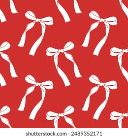 Seamless pattern with ribbon bows. Ballet, coquette core print. Hand drawn red girly background for fabric, wrapping paper, textile