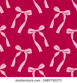 Seamless pattern with ribbon bows. Ballet, coquette core print. Hand drawn pink girly background for fabric, wrapping paper, textile