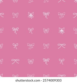 Seamless pattern with ribbon bows. Ballet, coquette core print. Hand drawn pink background for fabric, wrapping paper, textile