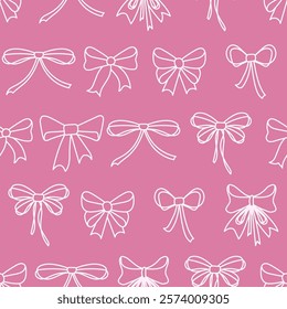 Seamless pattern with ribbon bows. Ballet, coquette core print. Hand drawn pink background for fabric, wrapping paper, textile