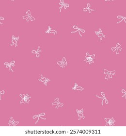 Seamless pattern with ribbon bows. Ballet, coquette core print. Hand drawn pink girly background for fabric, wrapping paper, textile