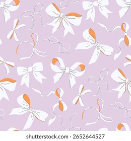 Padrão contínuo com arcos de fita. Balé, vintage coquette core print para decoração de festa, embrulho de presente, têxtil. Ilustração de vetor de design plano desenhado à mão.

