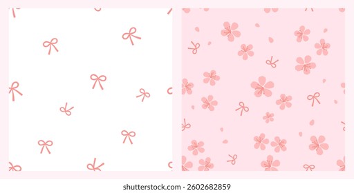 Seamless pattern with ribbon bows, cherry blossom Sakura flower and flying petals on white and pink backgrounds vector.