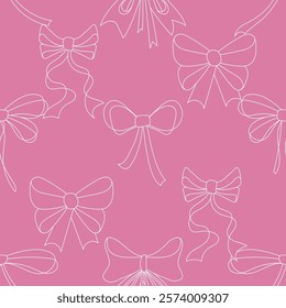 Seamless pattern with ribbon bows. Coquette core print. Hand drawn pink girly background for fabric, wrapping paper, textile