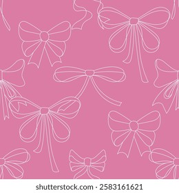 Seamless pattern with ribbon bows. Coquette core print. Hand drawn pink girly background for fabric, wrapping paper, textile