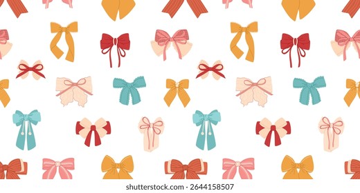 Seamless pattern with ribbon bows of different colors. Flat vector illustration.