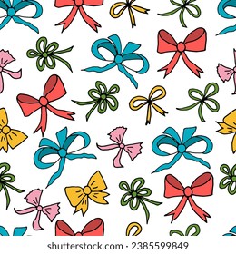 Seamless pattern, ribbon bows in hand drawn style. Vector illustration.