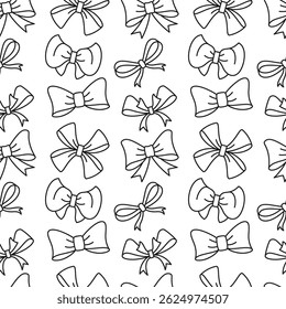Seamless pattern of ribbon bows. Line art illustration on white background