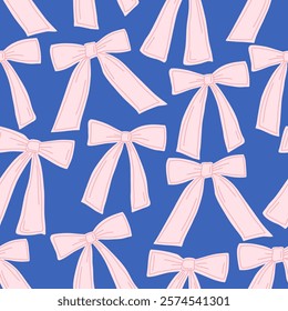 Seamless pattern with ribbon bows. Modern hand draw design for a poster, sticker, home decor, wrapping paper, gift, greetings. Fabric textile print. Cute art illustration. Pink and blue color.