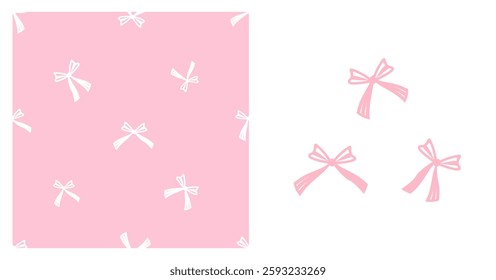 Seamless pattern with ribbon bows on pink background. Ribbon bow set isolated on white background vector.