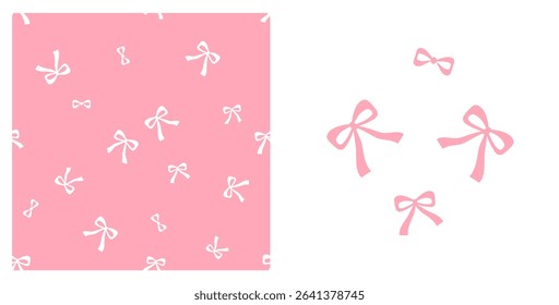 Seamless pattern with ribbon bows on pink background vector. Pink ribbon bows isolated on white background vector.
