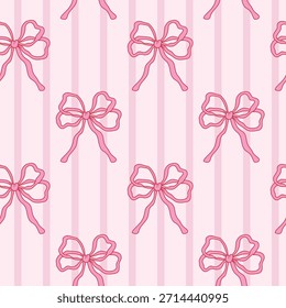 Padrão contínuo com arcos de fita no fundo listrado rosa macio. Design feminino romântico para envoltório de presente, papel de parede, impressões têxteis e superfícies decorativas.