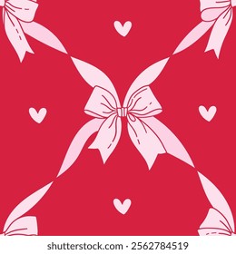 Seamless pattern with ribbon bows, ribbons and hearts. Ballet, coquette core print foe Valentines day. Hand drawn linear pink girly background for fabric, wrapping paper, textile