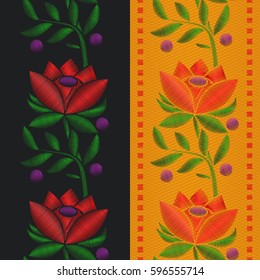 Seamless pattern ribbon with Red flower roses embroidery on textile background. Vector illustrations