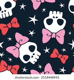 Seamless pattern of ribbon skull skeleton and star. It's a pattern that looks feminine. Pattern design for fabric, wrapping paper, wallpaper and fashion prints.