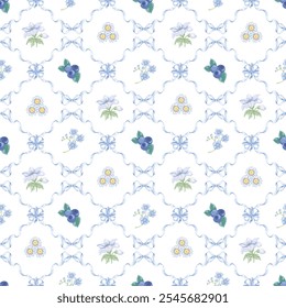 Seamless pattern ribbons, blueberry and flowers.