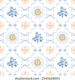 Seamless pattern ribbons and daisy flower.