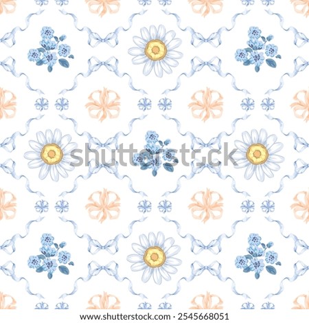 Seamless pattern ribbons and daisy flower.