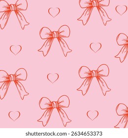 Seamless pattern of ribbons with hearts in cartoon style on pink background. Cute fashion design. Vector illustration.