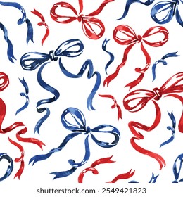 Seamless pattern of ribbons red and blue hand drawn with watercolors.