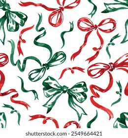 Seamless pattern of ribbons red and green hand drawn with watercolors.