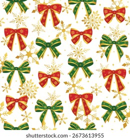 Modelo inconsútil de las cintas rojo y verde que brilla. fondo del copo de nieve, patrón inconsútil decorativo del arco, brillo
