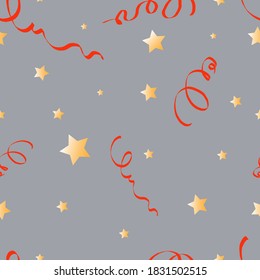 
Seamless pattern of ribbons and stars on a gray background.