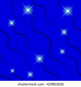Seamless pattern with ribbons-snakes and shining stars. Flares. Blue background. Vector.