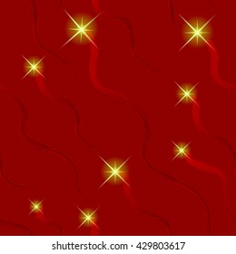 Seamless pattern with ribbons-snakes and shining stars. Flares. Red background. Vector.