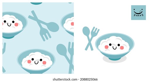 Seamless pattern with rice bowl cartoons, spoons and forks on blue background. Rice bowl cartoon and yummy face logo isolated on white background vector illustration.