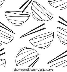 Seamless pattern with rice bowl with chopsticks on white background vector illustration.