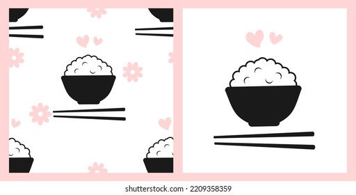 Seamless pattern of rice bowl with chopsticks, hearts and daisy flower on white background. Rice bowl sign logo isolated on white background vector illustration.