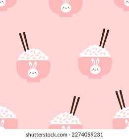 Seamless pattern of rice bowl decorated with rabbit bunny cartoons and chopsticks on pink background vector illustration.