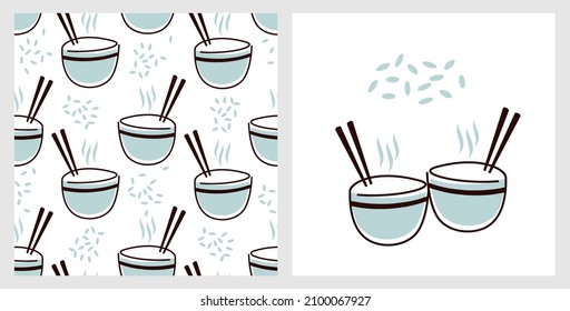 Seamless pattern with rice bowls, chopsticks and seeds on white background vector illustration.