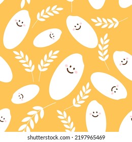 Seamless pattern with rice cartoons and paddy rice on yellow background vector illustration.