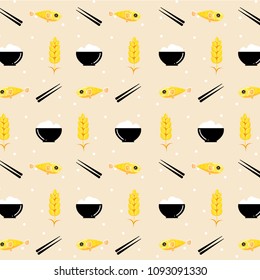 Seamless Pattern Rice, Fried Fish, And chopsticks On Orange Pastel Background. Vector illustration.