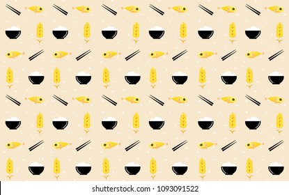 Seamless Pattern Rice, Fried Fish, And chopsticks On Orange Pastel Background. Vector illustration.