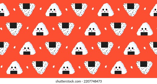 Seamless pattern with rice onigiri on a red background. Decor cute face