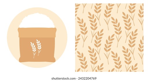 Seamless pattern with rice plant on light brown background. Rice sack sign logo vector.